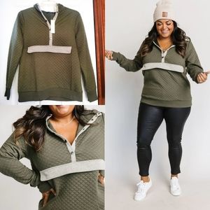 Doe & Rae Herringbone Quilted Pullover Hoodie in Olive NWT Size Medium M